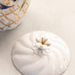 Medium Circular White Ceramic Lidded Jar with Blue & Gold Floral Designs