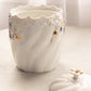 Medium Circular White Ceramic Lidded Jar with Blue & Gold Floral Designs