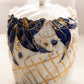 Medium Circular White Ceramic Lidded Jar with Blue & Gold Floral Designs