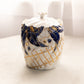 Medium Circular White Ceramic Lidded Jar with Blue & Gold Floral Designs