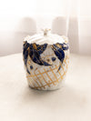 Medium Circular White Ceramic Lidded Jar with Blue & Gold Floral Designs