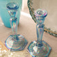 Vintage Fenton Light Blue Iridescent Florentine Candlesticks (Set of 2)