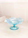Antique Blue Opalescent Glass Pearls and Scales Footed Ruffled Compote
