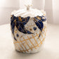 Medium Circular White Ceramic Lidded Jar with Blue & Gold Floral Designs