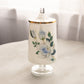 Vintage White Footed Lidded Glass Jar with Blue Floral Details