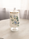 Vintage White Footed Lidded Glass Jar with Blue Floral Details