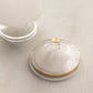 Vintage White Footed Lidded Glass Jar with Blue Floral Details