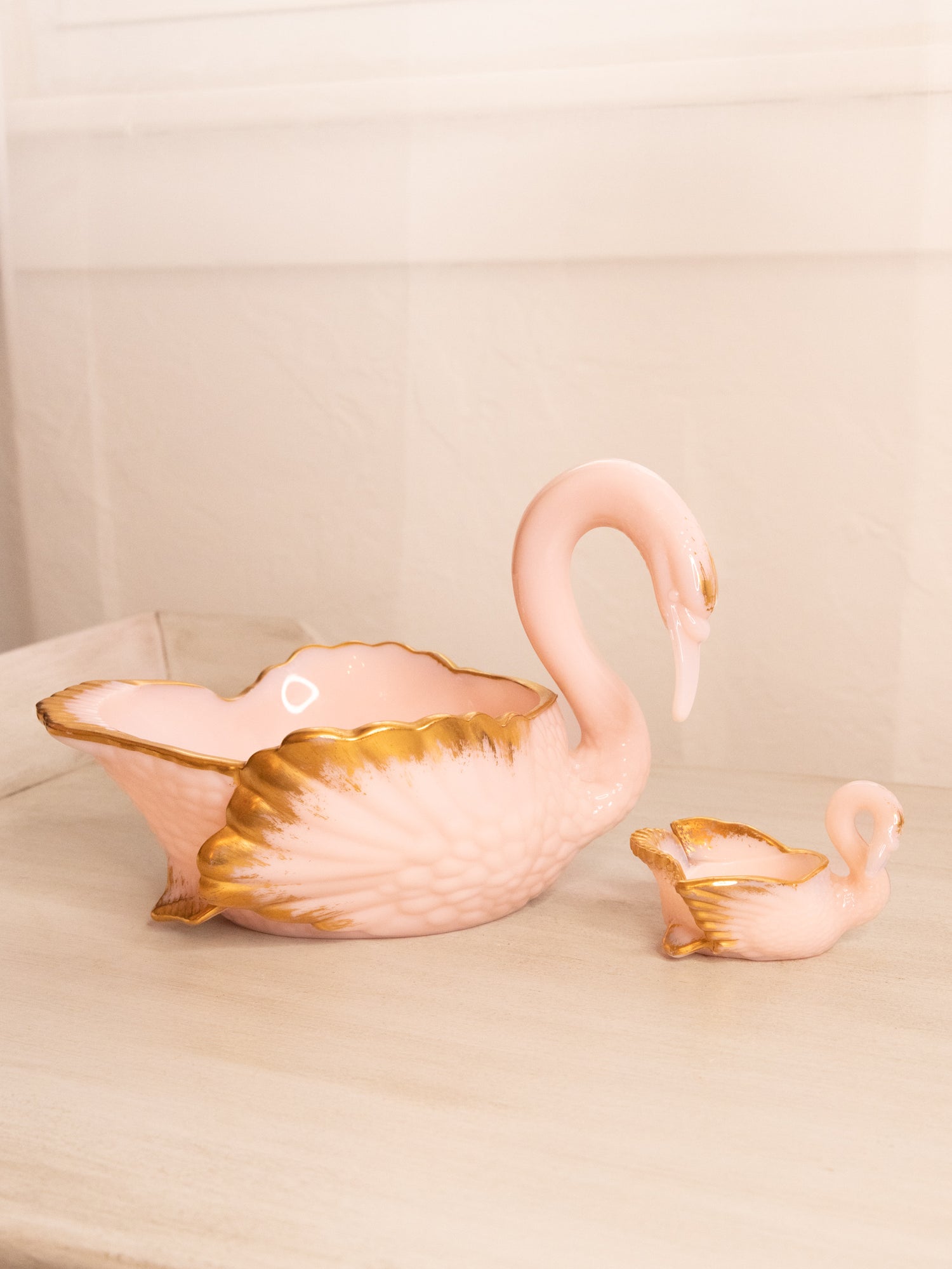 Vintage Cambridge Glass Tuscan Pink Milk Glass Swan Dish Set with