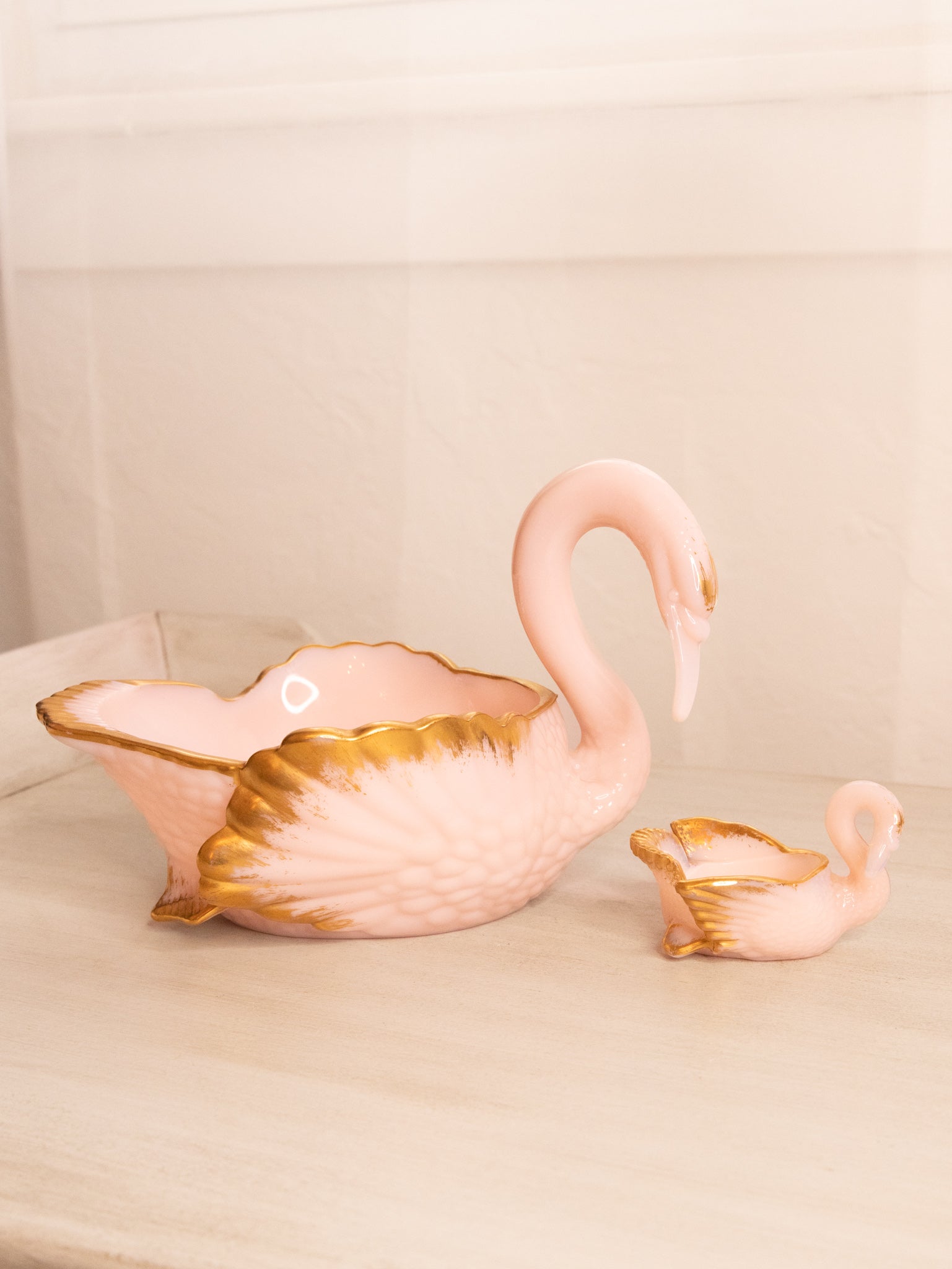 Vintage Cambridge Glass Tuscan Pink Milk Glass Swan Dish Set with