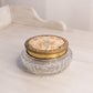 Vintage Clear Glass Lidded Powder Jar with Tapestry Fabric Floral Lid Made in England