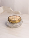 Vintage Clear Glass Lidded Powder Jar with Tapestry Fabric Floral Lid Made in England