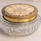 Vintage Clear Glass Lidded Powder Jar with Tapestry Fabric Floral Lid Made in England