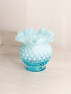 Vintage Medium Round Blue Opalescent Glass Hobnail Vase with Ruffle Edge