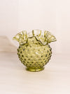 Vintage Fenton Glass Green Hobnail Vase with Ruffle Edge