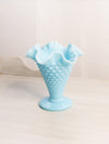 Vintage Fenton Medium Blue Milk Glass Hobnail Vase with Ruffle Edge