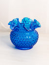 Vintage Fenton Medium Round Colonial Blue Hobnail Vase with Ruffle Edge