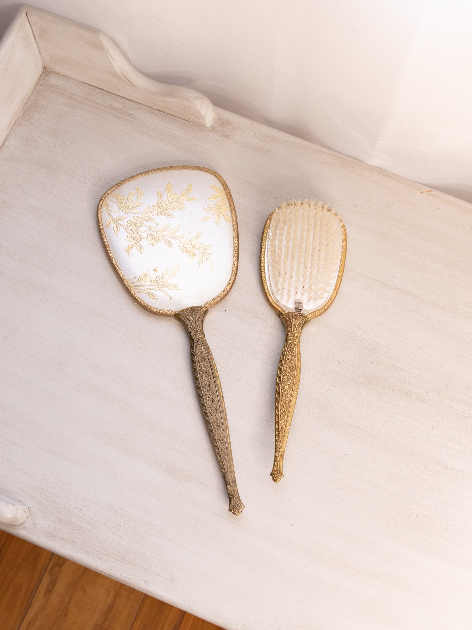 Vintage Gold Floral Hand Mirror and Comb Set Vintage Vanity Hand Mirrors and Hair Brush Set of 3 with  main image 2
