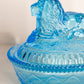 Vintage Medium Oval Blue Glass Lion Lidded Dish