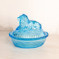 Vintage Medium Oval Blue Glass Lion Lidded Dish