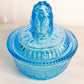 Vintage Medium Oval Blue Glass Lion Lidded Dish