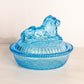 Vintage Medium Oval Blue Glass Lion Lidded Dish