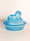 Vintage Medium Oval Blue Glass Lion Lidded Dish