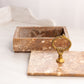 Vintage Medium Rectangular Brown Stone Lidded Dish with Brass Handle