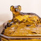 Vintage Rectangular Vallerysthal Amber Glass Lidded Dog Dish with Floral Designs