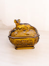 Vintage Rectangular Vallerysthal Amber Glass Lidded Dog Dish with Floral Designs