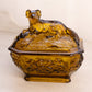 Vintage Rectangular Vallerysthal Amber Glass Lidded Dog Dish with Floral Designs
