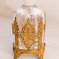 Vintage Tall Clear Glass Perfume Bottle with Gold Tone Accents (Broken Piece)