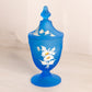 Vintage Westmoreland Glass Blue Satin Footed Lidded Dish with Floral Designs