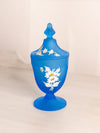 Vintage Westmoreland Glass Blue Satin Footed Lidded Dish with Floral Designs