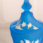Vintage Westmoreland Glass Blue Satin Footed Lidded Dish with Floral Designs