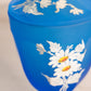 Vintage Westmoreland Glass Blue Satin Footed Lidded Dish with Floral Designs