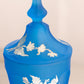 Vintage Westmoreland Glass Blue Satin Footed Lidded Dish with Floral Designs