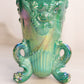 Vintage Westmoreland Glass Green Iridescent Slag Argonaut Vase with Shell Designs Dolphin Feet