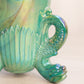 Vintage Westmoreland Glass Green Iridescent Slag Argonaut Vase with Shell Designs Dolphin Feet