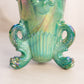Vintage Westmoreland Glass Green Iridescent Slag Argonaut Vase with Shell Designs Dolphin Feet