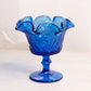 Vintage Blue Compote with Scroll Designs and Ruffle Edge