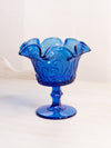 Vintage Blue Compote with Scroll Designs and Ruffle Edge