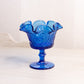 Vintage Blue Compote with Scroll Designs and Ruffle Edge
