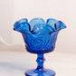 Vintage Blue Compote with Scroll Designs and Ruffle Edge