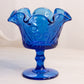 Vintage Blue Compote with Scroll Designs and Ruffle Edge