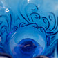 Vintage Blue Compote with Scroll Designs and Ruffle Edge
