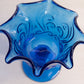 Vintage Blue Compote with Scroll Designs and Ruffle Edge