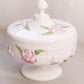 Vintage White & Pink Rose and Lattice Milk Glass Footed Lidded Dish