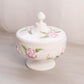Vintage White & Pink Rose and Lattice Milk Glass Footed Lidded Dish