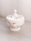 Vintage White & Pink Rose and Lattice Milk Glass Footed Lidded Dish