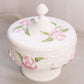 Vintage White & Pink Rose and Lattice Milk Glass Footed Lidded Dish